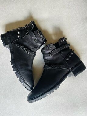 Stuart Weitzman "Go West" Studded Leather Moto Boots 8